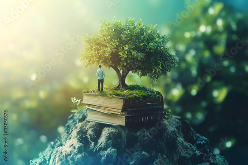 Surreal image of a tree growing atop a stack of books, symbolizing knowledge, growth, learning, wisdom, and the harmonious connection between education and nature photo