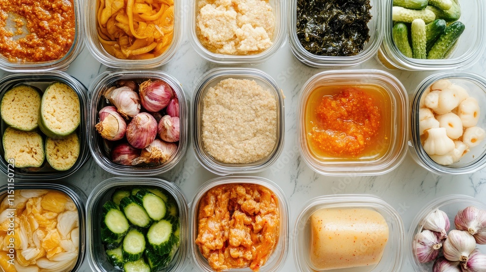 Colorful Array of Fresh Prepared Ingredients in Clear Containers on a Light Background Showcasing a Variety of Culinary Delights for Meal Preparation and Food Presentation Colorful Array of Fresh Prepared Ingredients in Clear Containers on a Light Background Showcasing a Variety of Culinary Delights for Meal Preparation and Food Presentation