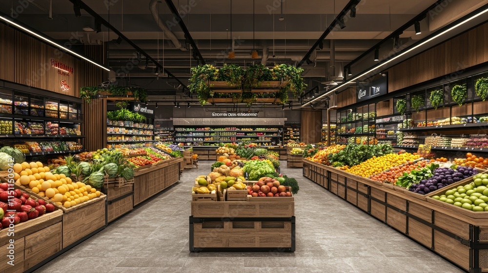 A Bright and Inviting Supermarket Aisle Filled with Fresh Fruits and Vegetables, Showcasing Natural Colors and Abundant Variety A Bright and Inviting Supermarket Aisle Filled with Fresh Fruits and Vegetables, Showcasing Natural Colors and Abundant Variety