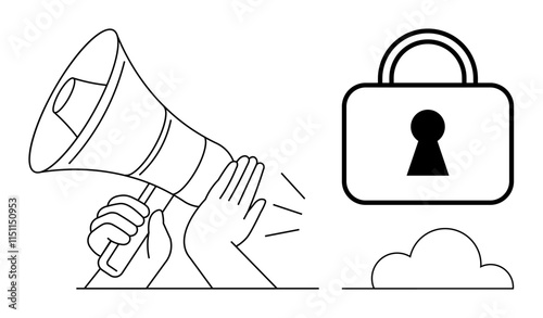 Hands holding a megaphone emitting sound waves towards a security lock and cloud. Ideal for cybersecurity, IT, data protection, privacy, online safety, secure communication, awareness campaigns. Line