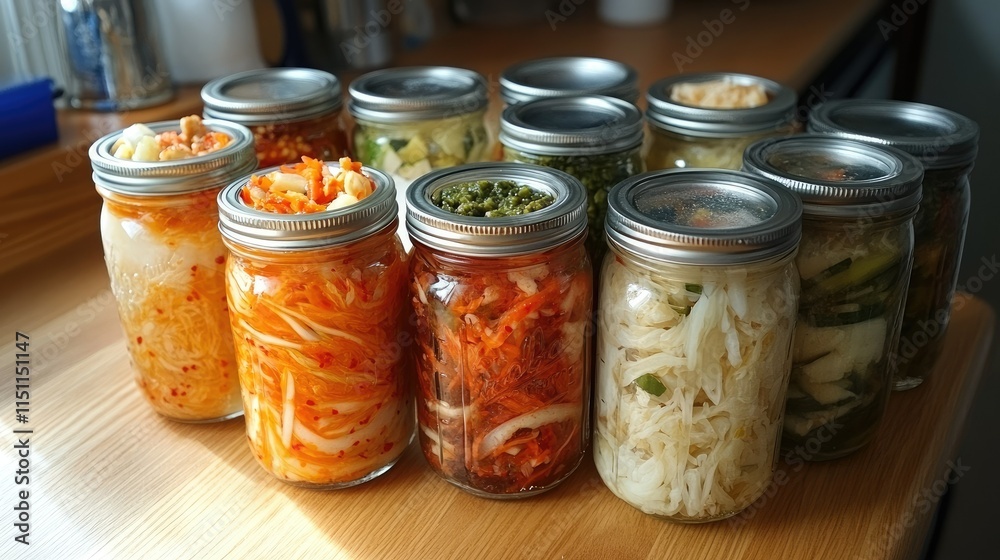Colorful array of glass jars filled with various fermented vegetables, showcasing diverse colors and textures on a wooden countertop in a cozy kitchen setting Colorful array of glass jars filled with various fermented vegetables, showcasing diverse colors and textures on a wooden countertop in a cozy kitchen setting