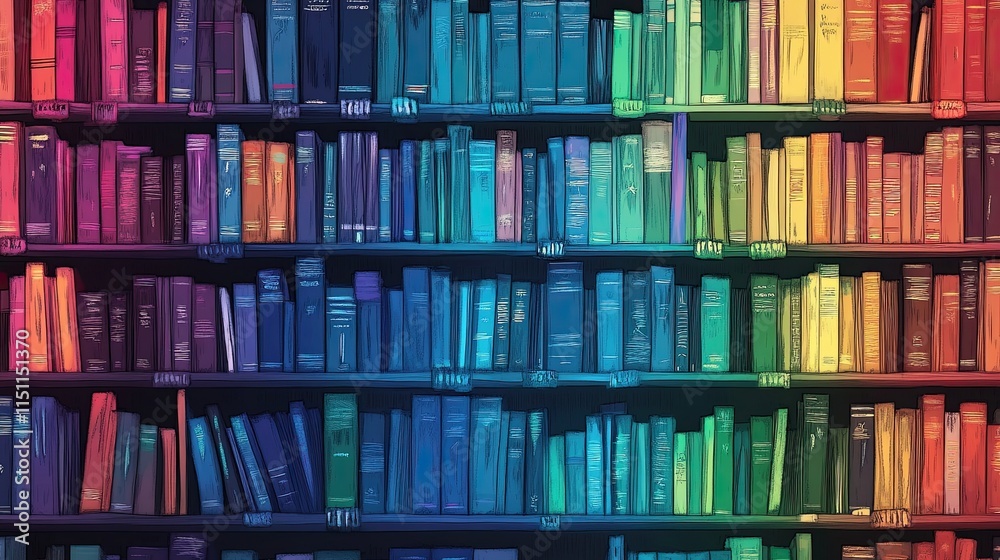 Fototapeta premium bookshelf with rainbow-colored books, background with a large bookshelf packed with rainbow-colored books, vibrant home library background, --