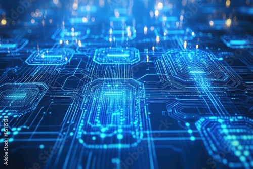 Abstract digital circuit board glowing blue.
