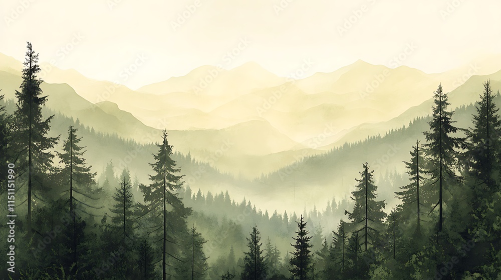 Obraz premium Misty sunrise over a coniferous forest.