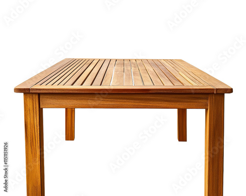 wooden dining table with slatted design, showcasing warm finish and sturdy legs, perfect for outdoor or indoor settings. Ideal for gatherings and meals photo