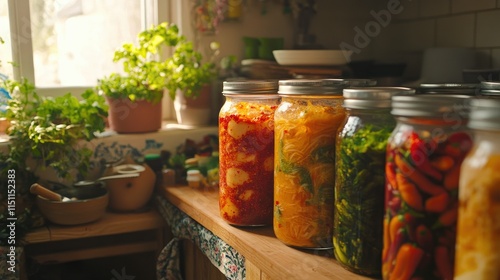 Colorful Jars of Freshly Preserved Vegetables and Sauces in a Cozy Kitchen with Natural Light and Lush Greenery photo