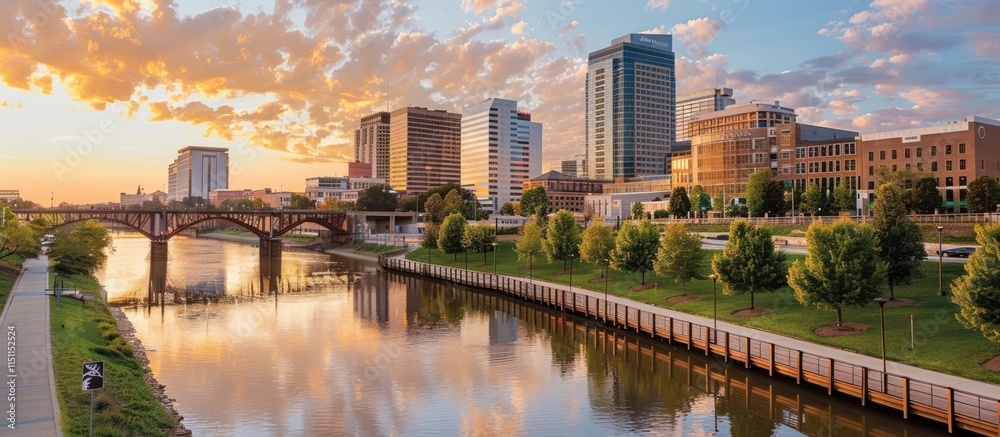 Fototapeta premium Scenic sunrise cityscape over river with bridge and park.