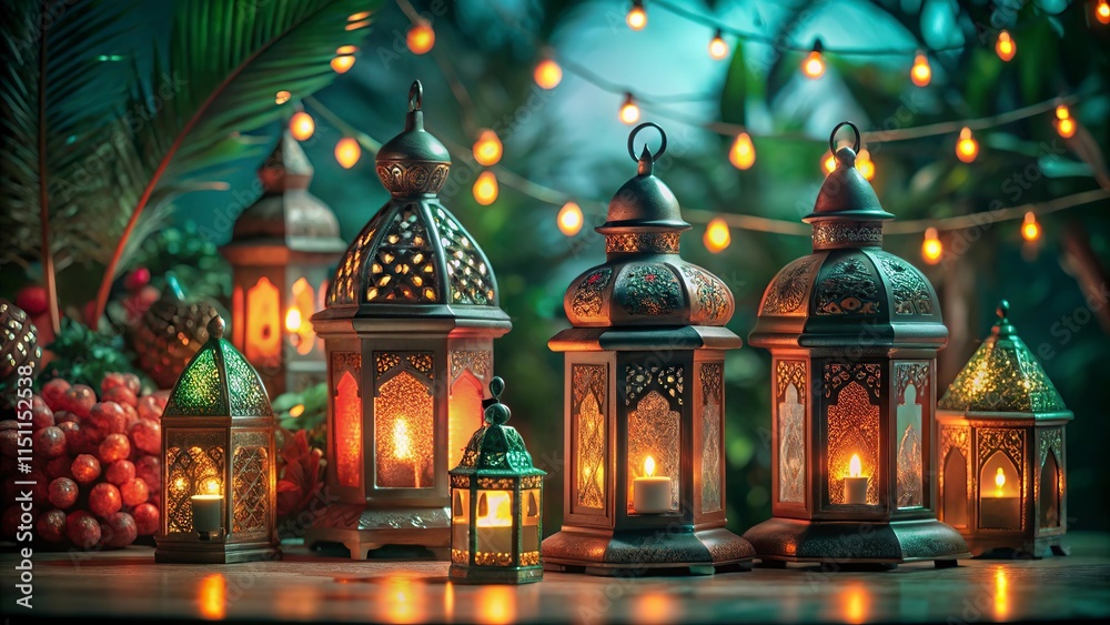 Obraz premium Free New Photo Ramadan and Eid al fitr concept backgrounds dates with traditional lantern Light Lamp and Tasbeeh, Ramadan Kareem Mubarak background