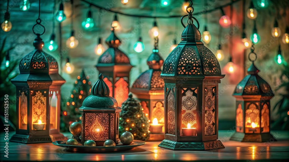 Obraz premium Free New Photo Ramadan and Eid al fitr concept backgrounds dates with traditional lantern Light Lamp and Tasbeeh, Ramadan Kareem Mubarak background