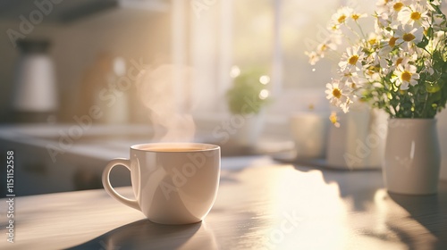 Serene Morning Scene with Coffee Cup and Fresh Flowers in Light