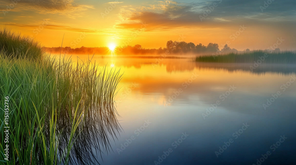 A serene marshland at sunrise with soft glowing light. A serene marshland at sunrise with soft glowing light.