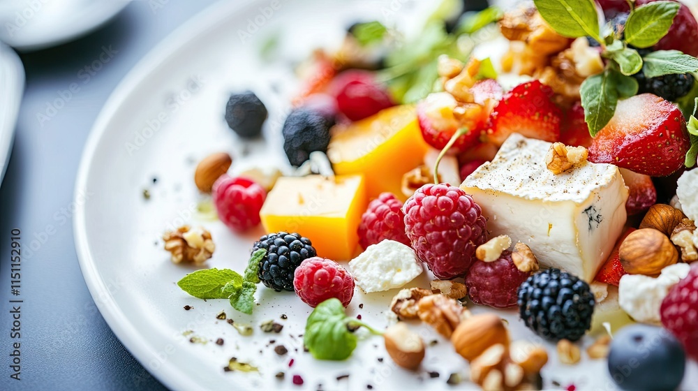 Bright and Colorful Fruit and Nut Salad with Fresh Berries and Cheese on White Plate Perfect for Healthy Eating and Gourmet Dining Experience Bright and Colorful Fruit and Nut Salad with Fresh Berries and Cheese on White Plate Perfect for Healthy Eating and Gourmet Dining Experience