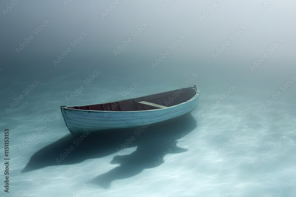 Naklejka premium Lonely wooden boat floating on calm, misty water, symbolizing solitude, peace, serenity, mystery, minimalism, isolation, tranquility, and introspection in a dreamy atmosphere