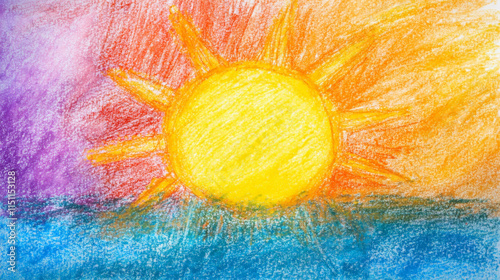 child crayon drawing of bright sun over colorful sky and sea