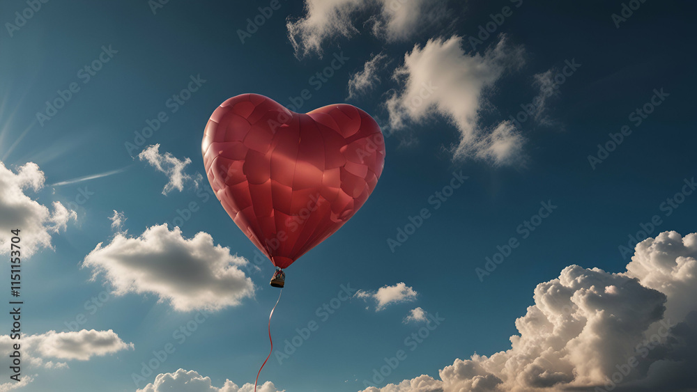 Fototapeta premium Heart-Shaped Balloon Soars Through the Clouds A Symbol of Love Floating in the Clear Sky