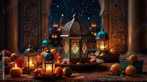 Free New Photo Ramadan and Eid al fitr concept backgrounds dates with traditional lantern Light Lamp and Tasbeeh, Ramadan Kareem Mubarak background