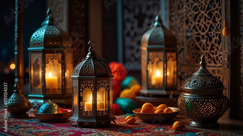 Free New Photo Ramadan and Eid al fitr concept backgrounds dates with traditional lantern Light Lamp and Tasbeeh, Ramadan Kareem Mubarak background