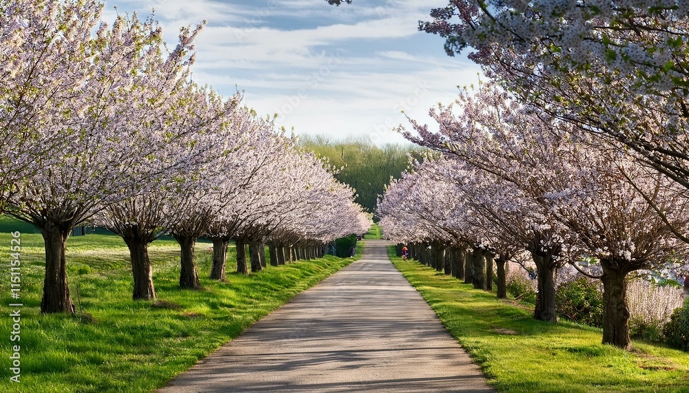 Serene Spring: Blossoming Cherry Tree Avenue Pathway Serene Spring: Blossoming Cherry Tree Avenue Pathway