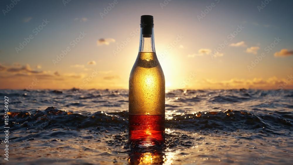 Bottle suspended water drops dramatic sky ocean horizon sunset minimalist backlighting Abstract background Bottle suspended water drops dramatic sky ocean horizon sunset minimalist backlighting Abstract background