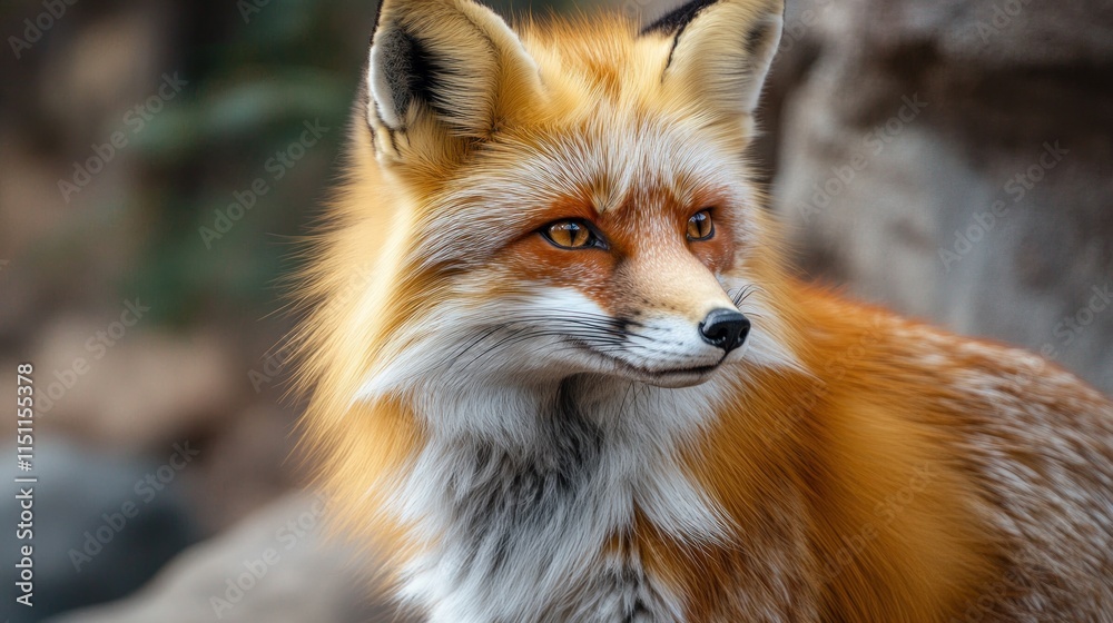 Obraz premium Close-up of a red fox with vibrant fur, alert expression, and intense amber eyes.