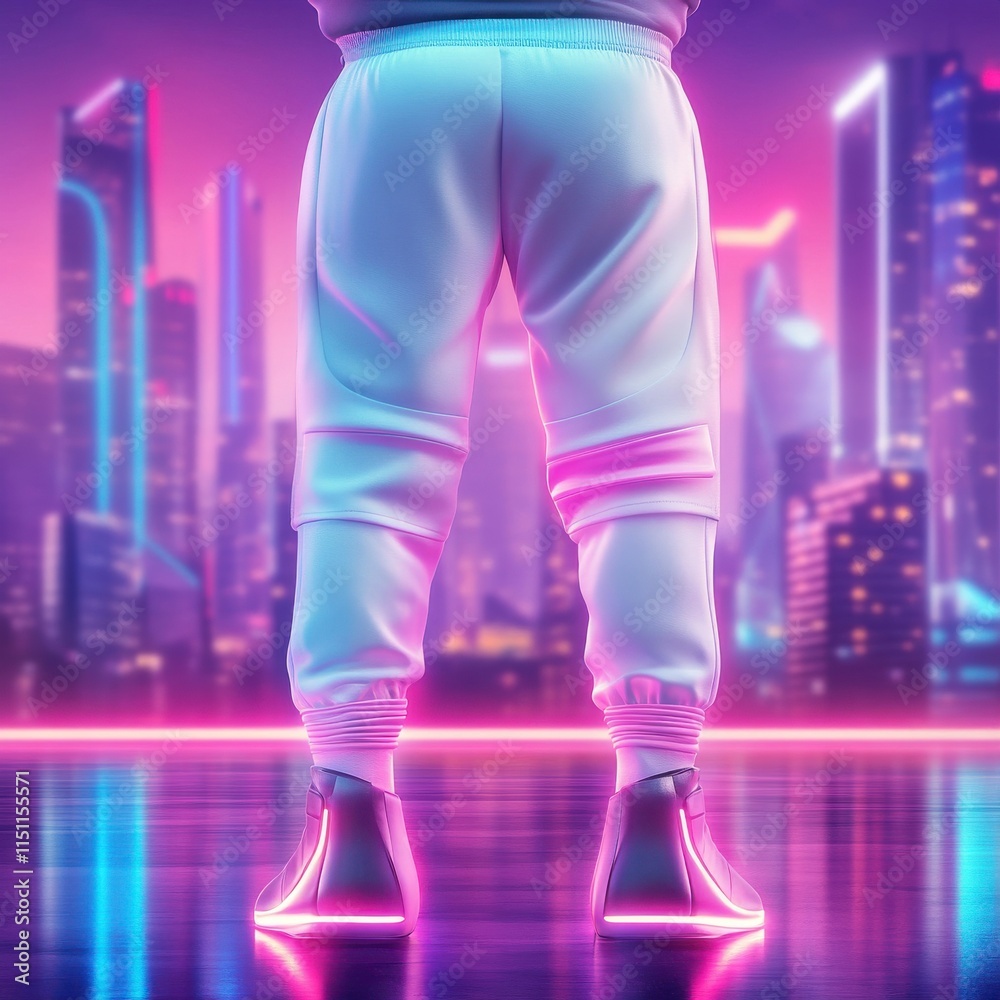 Fototapeta premium Neon Urban Athletic Fashion with Futuristic City Background Showcasing Individual in Stylish Sportswear and Modern Sneakers with Vibrant Lighting Effects