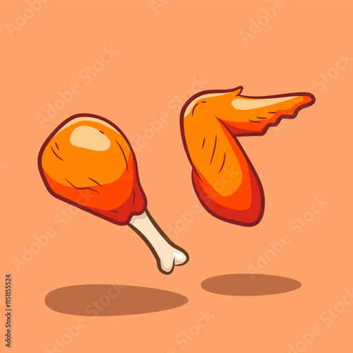 Cute illustration of delicious fried chicken wings and thighs