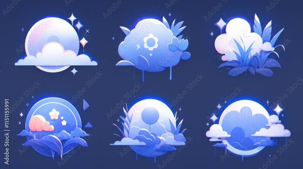 Obraz premium Six whimsical blue cloud scenes.