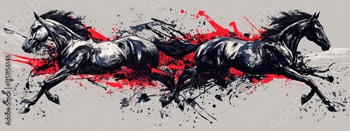 Two horses running with red and black paint splatters. photo