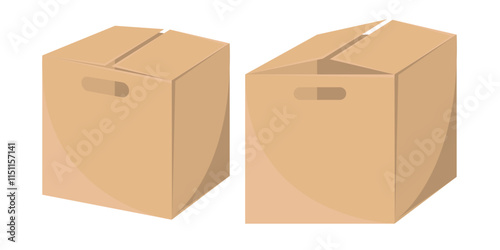 Front and side view realistic illustrations of cardboard boxes for delivery, designed as decent vector craft packages.