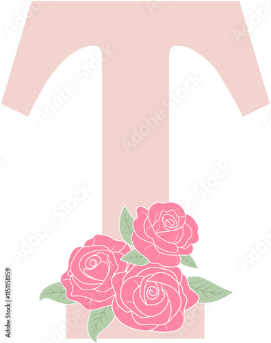 Alphabet T with Roses Bouquet illustration