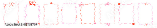 Whimsical coquette frame with bow and curly garland. Whimsical border pink coquette style. Vector illustration