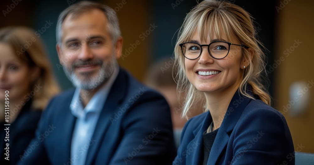 A woman with glasses and a man with a beard are smiling at the camera A woman with glasses and a man with a beard are smiling at the camera