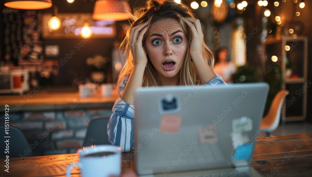 A woman is sitting at a table with a laptop and a cup of coffee A woman is sitting at a table with a laptop and a cup of coffee