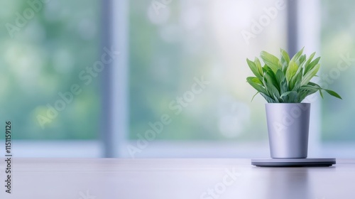 Wallpaper Mural A modern potted plant sits on a wooden table, with soft lighting and blurred windows in the background, creating a serene indoor atmosphere. Torontodigital.ca