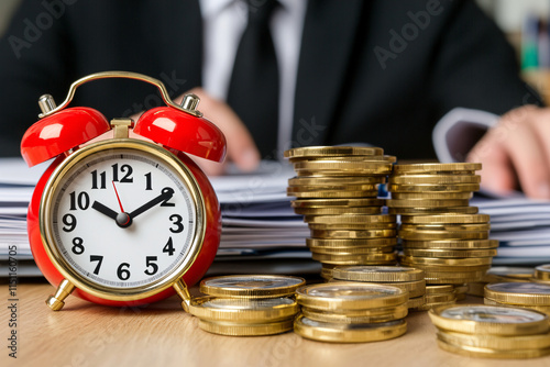 A red alarm clock sits on a table next to a pile of gold coins