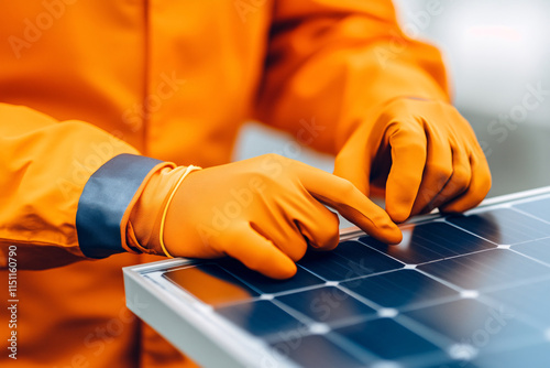 A man in orange gloves is pointing at a solar panel