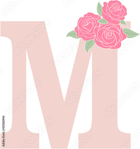 Alphabet M with Roses Bouquet illustration