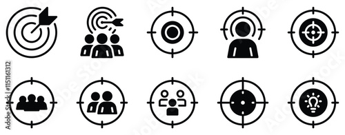 Target Icon Set Focused Solid Style Collection for Goal Setting and Achievement