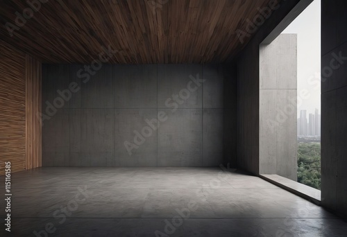 An elegantly designed Minimalist Industrial Room featuring Concrete Walls bathed in Natural Light