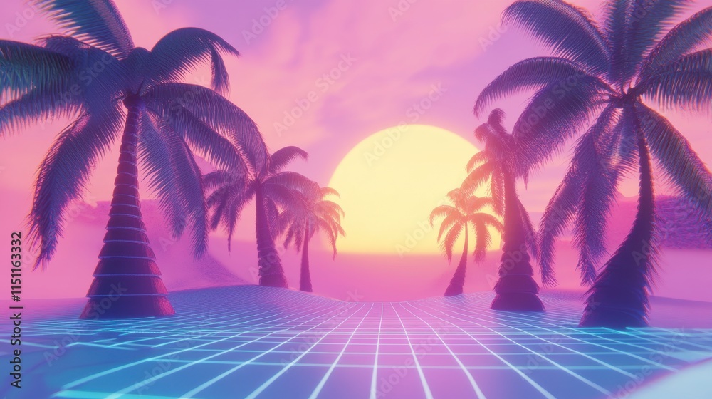 Naklejka premium Tropical island with palm trees and sunset