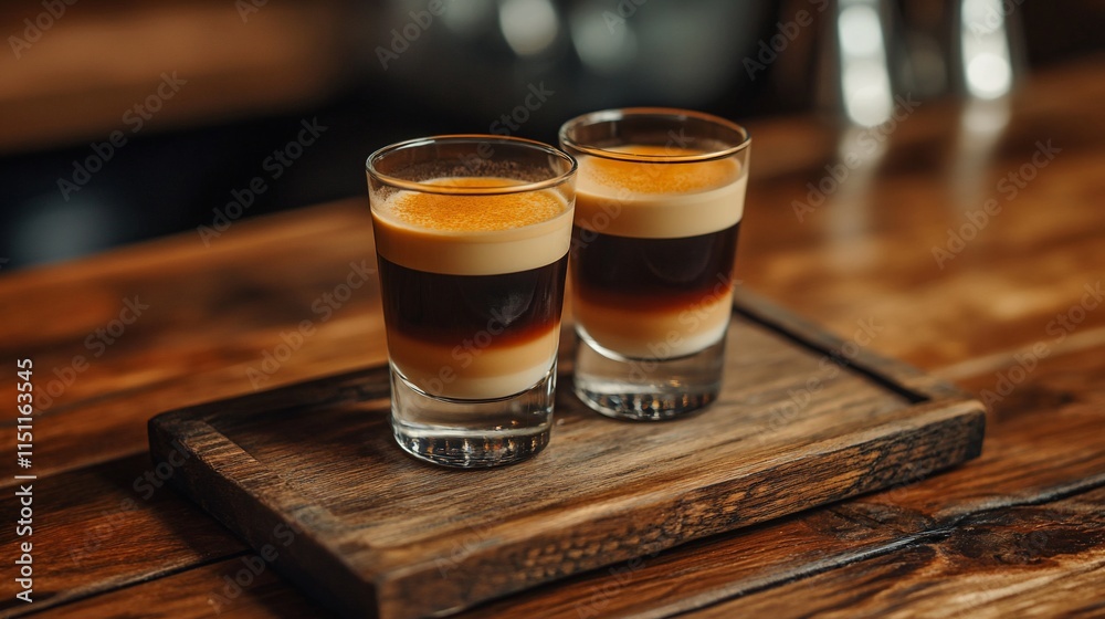 Two layered coffee drinks served on a wooden tray. Two layered coffee drinks served on a wooden tray.