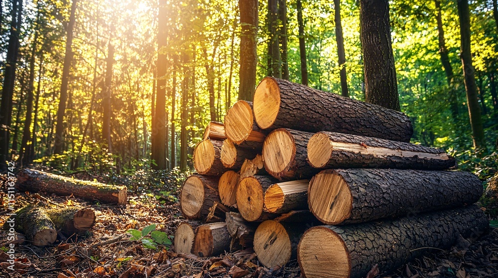 A neatly organized stack of timber logs sits on the forest floor, bathed in dappled sunlight and embraced by lush greenery. A neatly organized stack of timber logs sits on the forest floor, bathed in dappled sunlight and embraced by lush greenery.