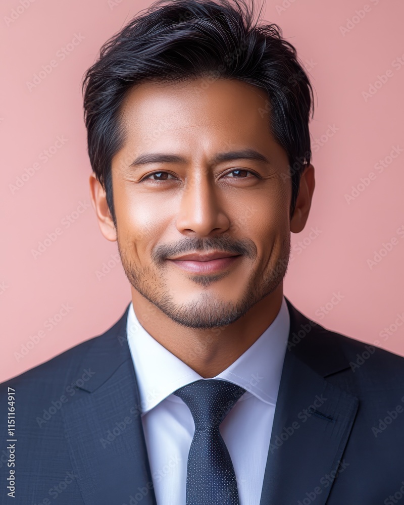 Asian man with a smile on his face is wearing a suit and a shirt in studio color background Asian man with a smile on his face is wearing a suit and a shirt in studio color background
