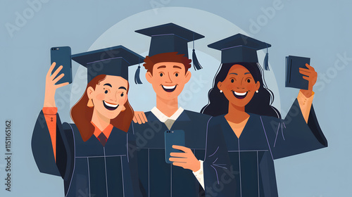 A depiction of a group of three joyful graduates in graduation attire happily capturing selfies, commemorating their educational triumph and anticipating a promising future