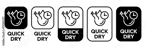 Quick dry icon set. Quick and fast clock dry wet clothes symbol. Quick dry label, logo, badge, sticker, emblem, circle, black vector, isolated illustration. Quick dry label product packaging design.