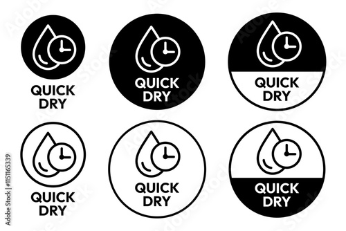 Quick dry icon set. Quick and fast clock dry wet clothes symbol. Quick dry label, logo, badge, sticker, emblem, circle, black vector, isolated illustration. Quick dry label product packaging design.