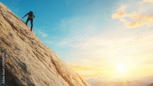 Conquering the Summit: A lone hiker ascends a steep, rocky mountain path towards a vibrant sunset, symbolizing perseverance and the pursuit of ambitious goals. photo