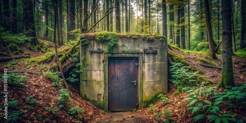 Overgrown bunker door hidden in a dark forest , mysterious, abandoned, hidden, entrance, spooky, creepy, ancient, overgrown