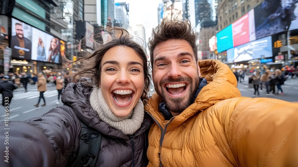 Obraz premium Excited urban explorers take an exhilarating selfie amidst the dynamic cityscape embracing the energy and joy of their travel experience
