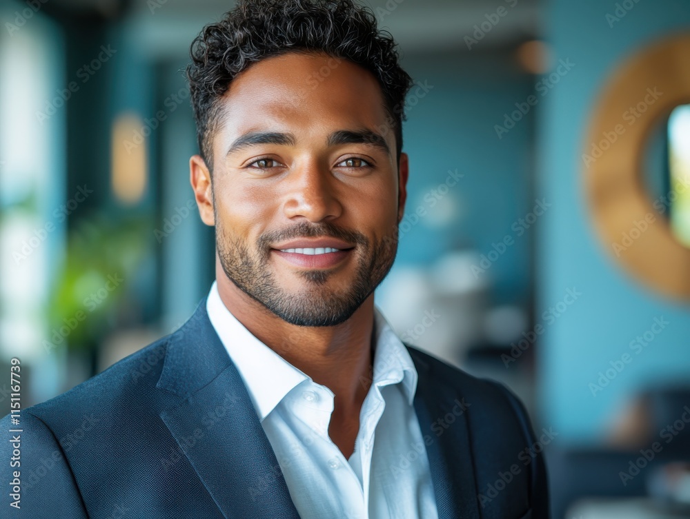 Confident man in suit smiles warmly in modern office setting during daytime Confident man in suit smiles warmly in modern office setting during daytime